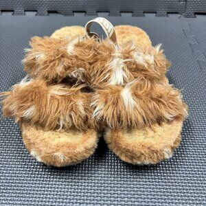 UGG Fluffy Slide Slippers Womens Size 8 Brown Fur Logo Strap Sandals
